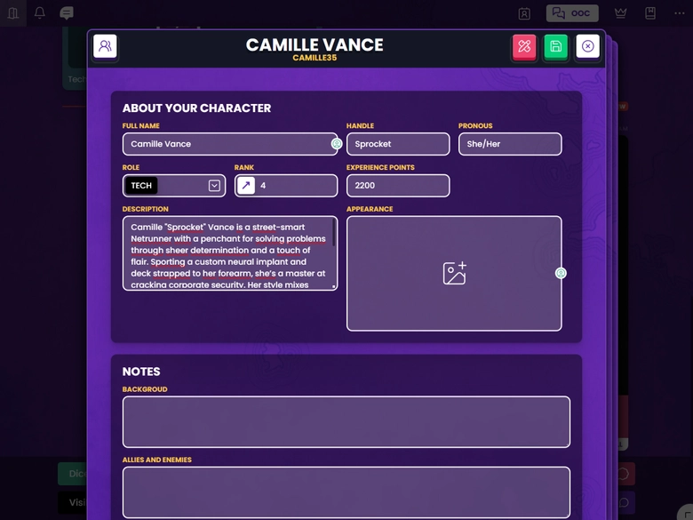 Character sheets