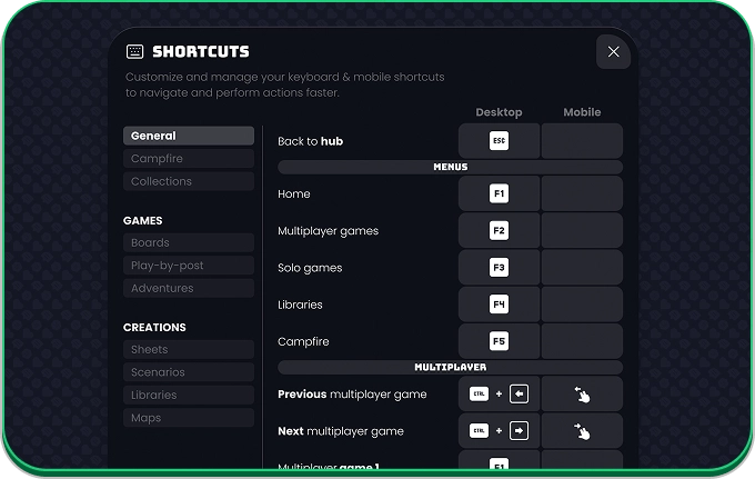 Hub shortcuts